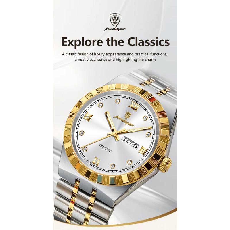POEDAGAR Luxury Business Male Watch Waterproof Luminous Week Date Wristwatch Stainless Steel Trendy Quartz Watches for Men