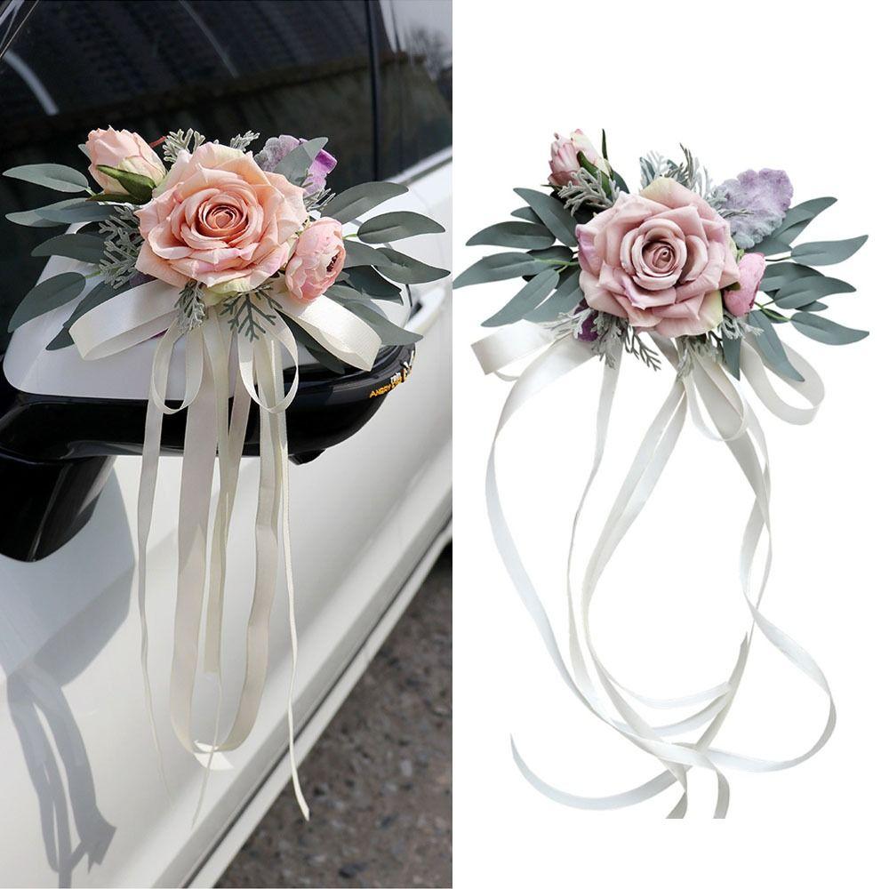 Ribbon Car Door Handle Mirror Flowers Romantic Artificial Roses  Ceremony Party Decor