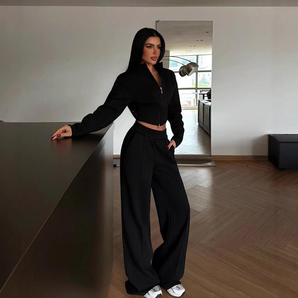 European Casual Women's Sexy Zipper Cardigan & Lace-Up Pants Set - Spring/Autumn Wear