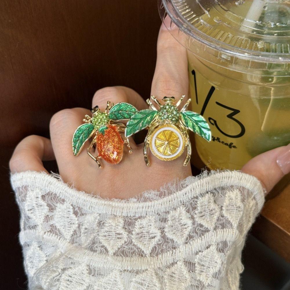 Strawberry Enamel Fruit Ring Korean Style Chunky Enamel Ring Cute Insect Drip Oil Ring  Couple