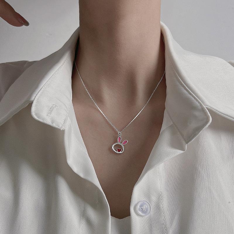 Pink Heart-Shaped Year Of The Rabbit Necklace Cartoon Soft Cute Day Girlfriend Girl Feeling Cute Heart Little Rabbit Collarbone Chain