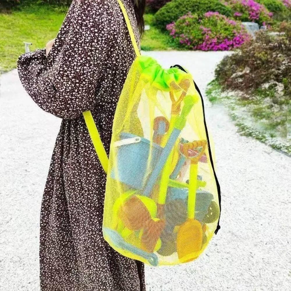 Portable Drawstring Beach Bag Large Capacity Swim Toy Storage Bag Mesh Beach Bag Beach Activities