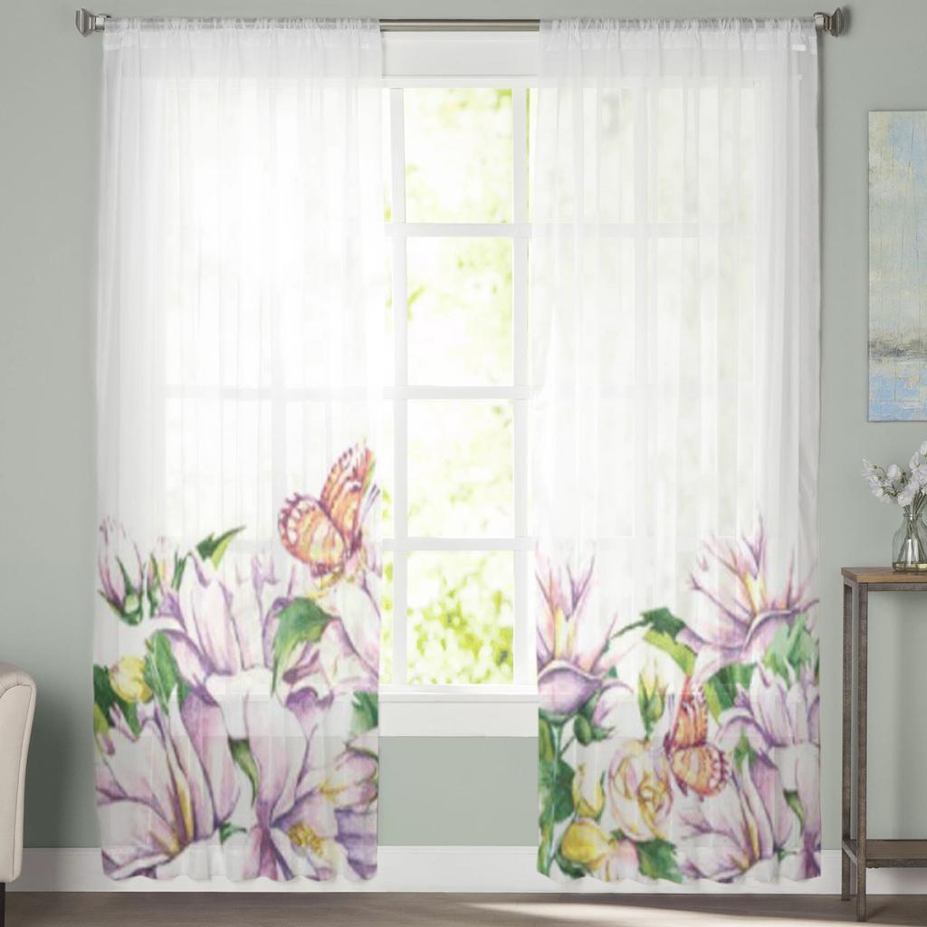 Watercolor Flowers Butterflies Sheer Curtains For Bedroom Living Room Kitchen Window Voile Tulle Drapes