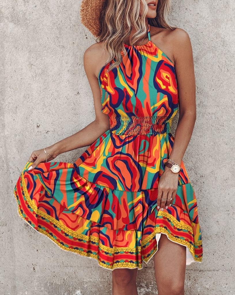 Summer European and American new printed neck dress women