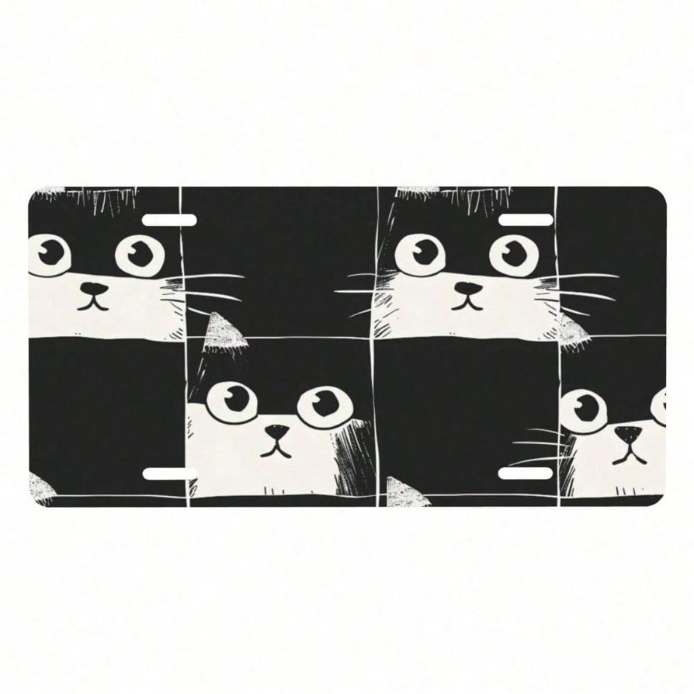 Black Grid Kitten License Plate 6x12in Stainless Aluminum Car Tag 4 Holes Decorative Front Vanity Plate for Trucks