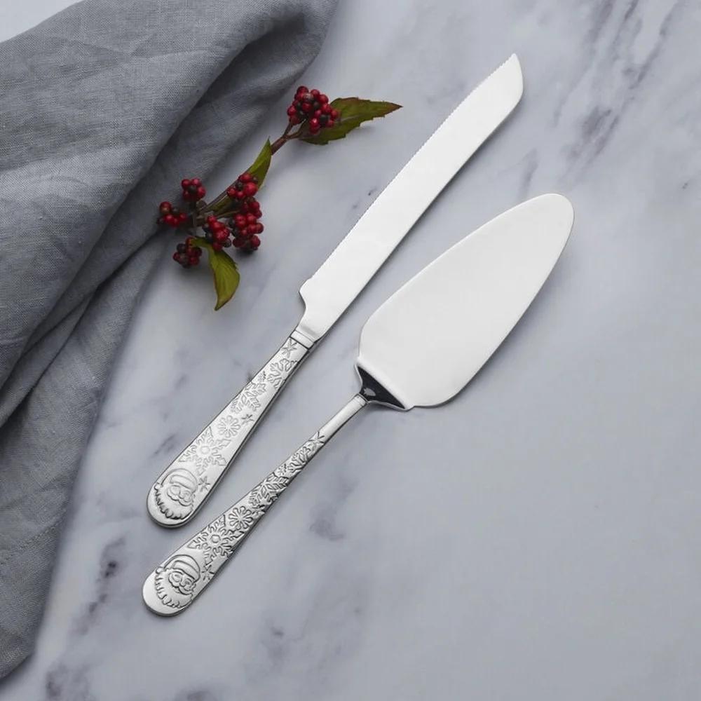 Stainless Steel Santa Dessert Serving Set Pie Cake Knife Server Holiday Celebration Durable Dishwasher Safe Snowflake Design