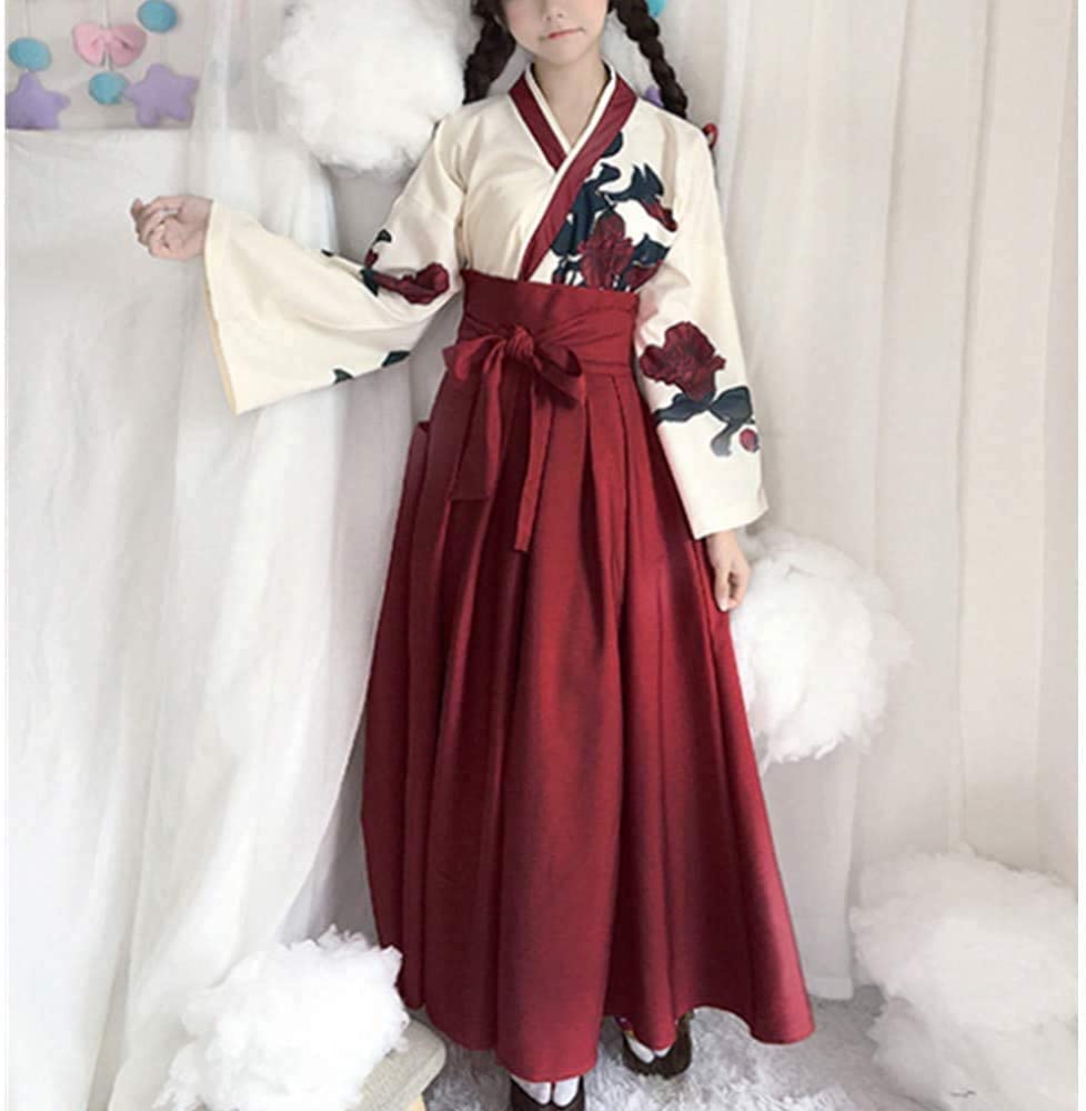 Taisho Roman Hakama Japanese Clothes Kimono Cosplay Costume Long Disguise Yukata Rose Rose Pattern [Lady Lazy] Women's Women's (Red, S)