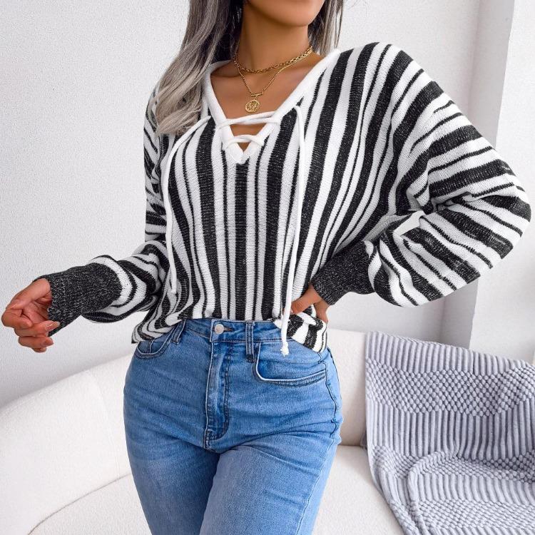 Chic Women Loose Knitted Sweater Winter Fall All Match Tops Balloon Sleeve Contrast Stripe Tie