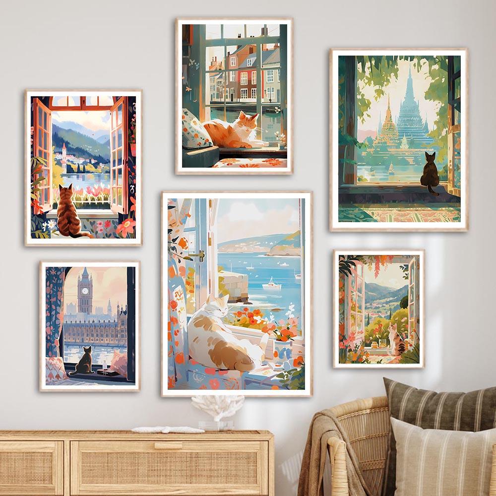 Adorabili gatti guardano il paesaggio, stampe artistiche su tela, quadri del viaggio a Firenze, montagna Fuji, Parigi, Grecia, poster