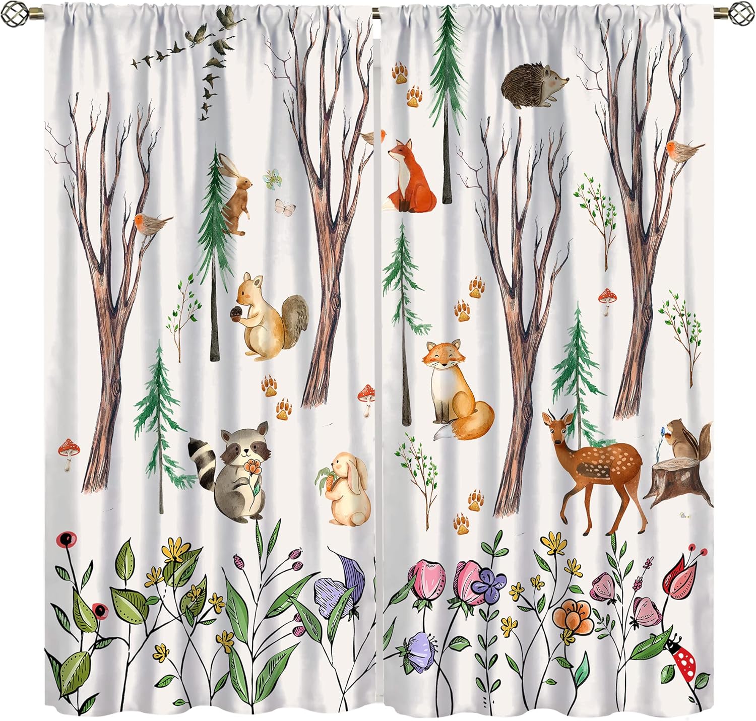 

Шторы с лесными животными, Лиса Лось Птица Животное Акварель Лесной принт Шторы Детская Спальня Гостиная Домашнее украшение 53x116CM-2PC
