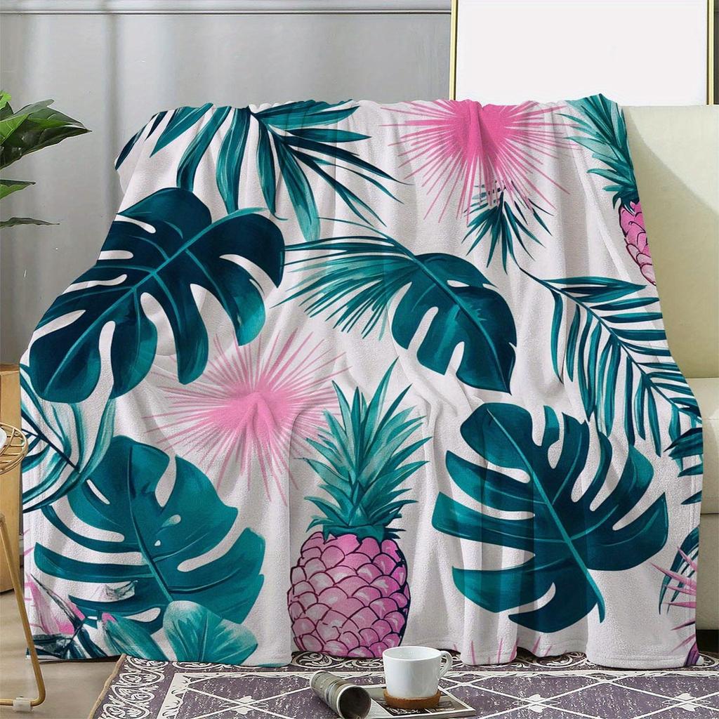 1pc Zeal Lily Tropical Pineapple Print Blanket - Soft Flannel Throw with Vibrant Pineapple & Palm Leaf Design, All-Season Cozy