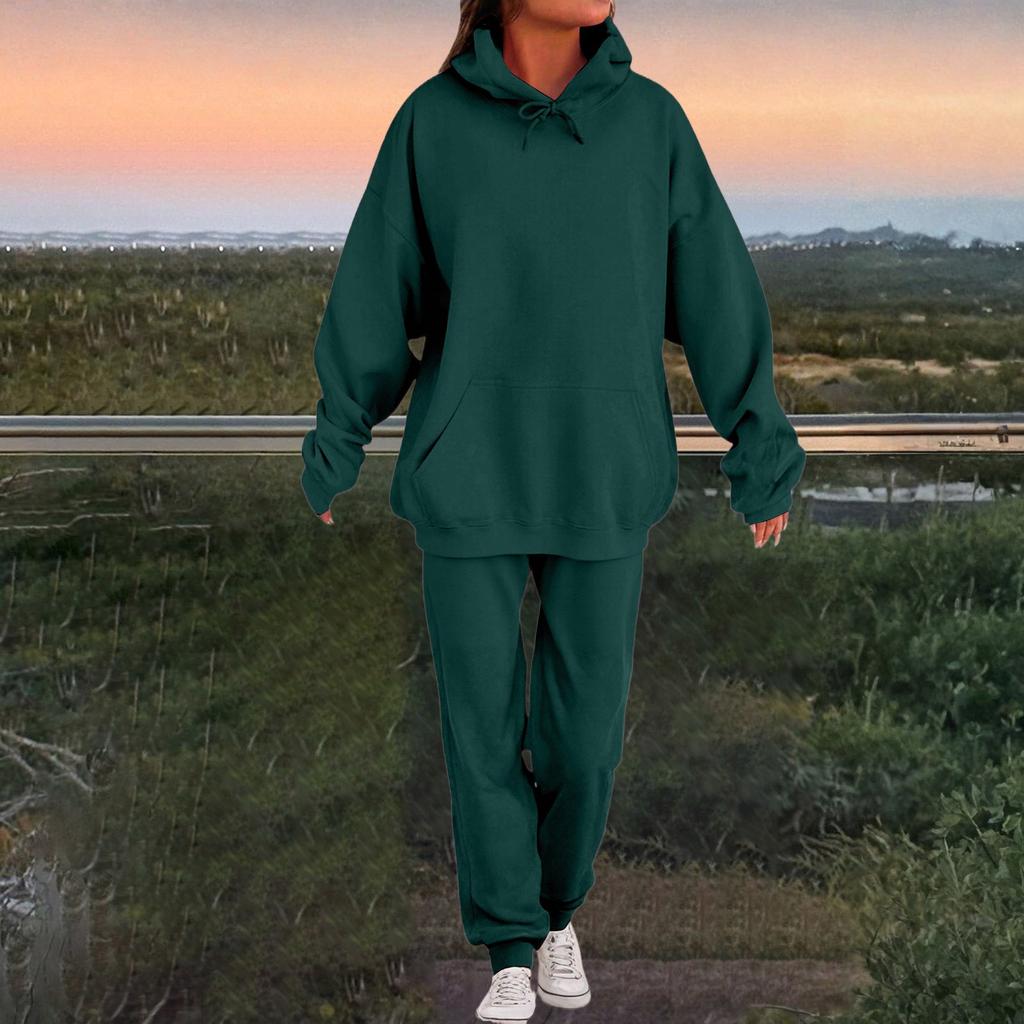 Women's Fashion Casual Solid Color Loose Hooded Sweatshirt Suit