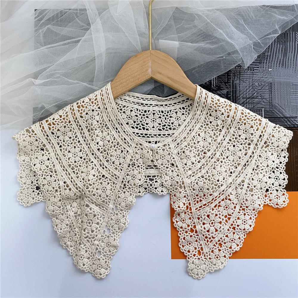 

Женский ажурный вязаный крючком фальшивый воротник, цветочный кружевной однотонный Лолита большая шаль, съемная пуговица, короткое пончо-кейплет