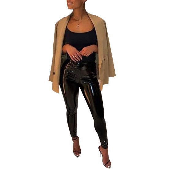 

Женские осенне-зимние эластичные длинные брюки из искусственной кожи с высокой посадкой, облегающие брюки S чёрный