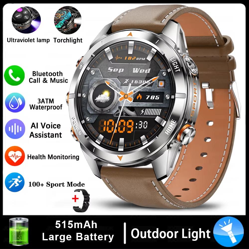 New Sport Smart Watch Men 1.46" AMOLED Screen LED 10ATM Waterproof Flashlight 515mAh Battery Heart rate BT Call Smartwatch