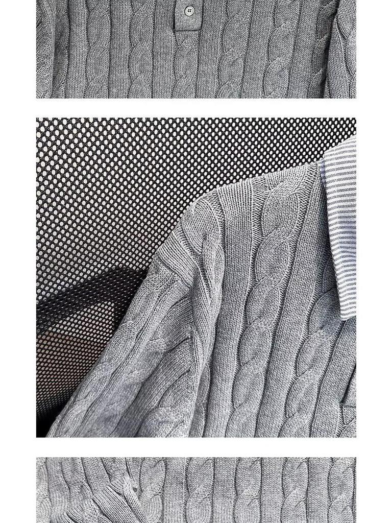 American Style Striped Cable Knit Polo Sweater - Men's Trendy Two-Piece Patchwork with Cleanfit Design