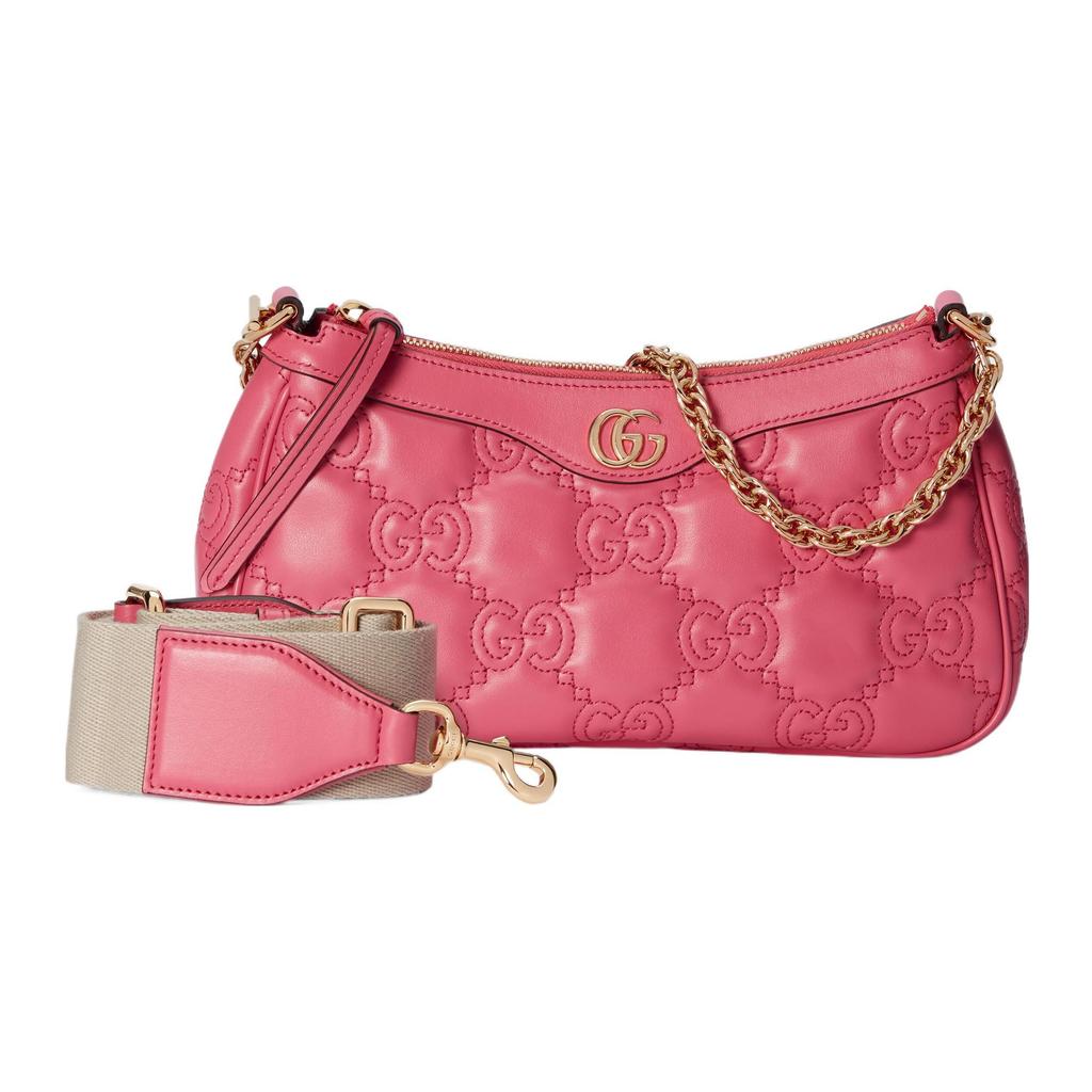 Gucci GG Matelassé Logo Chain Canvas Backpack Leather Mahjong Bag Shoulder Bag Tote Bag Women Bags Gold Pink 735049-UM8HG-8550