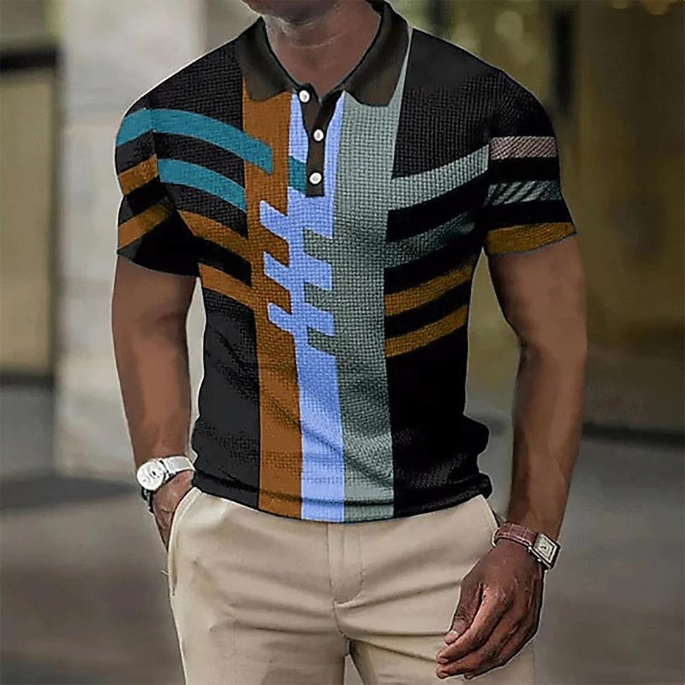 Striped Printed Top Men's Lapel Short Sleeved Polo Shirt