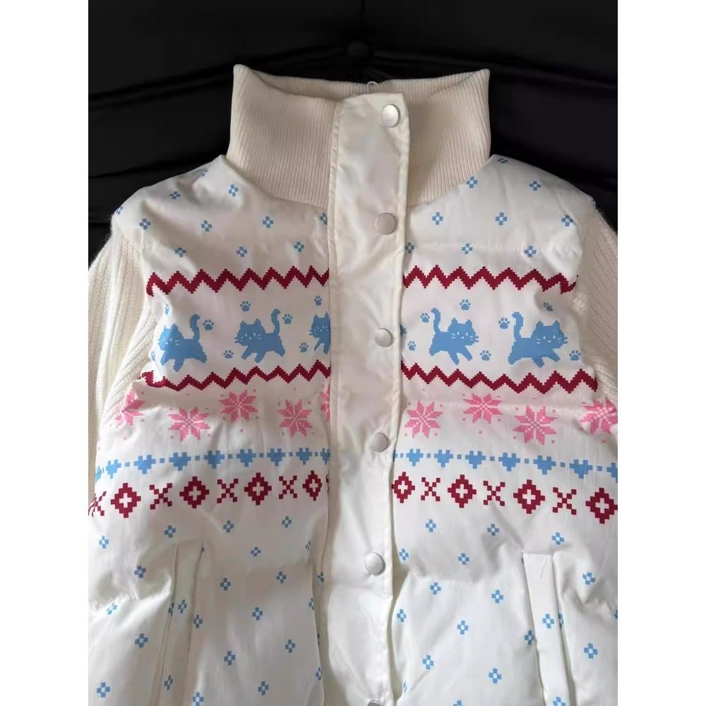American sweet and cool style Fair Island knitted splicing stand-up neck cotton clothes, light and thin, thin and warm, versatile cotton-padded clothe