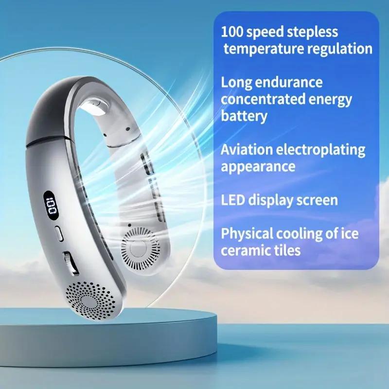 

Портативный шейный вентилятор без лопастей Мини подвесной шейный вентилятор Летний спортивный беспроводной беговой уличный вентилятор с шейным ободом и светодиодным дисплеем серебряный