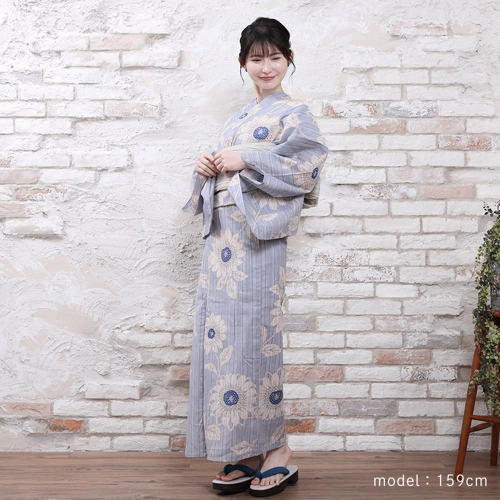 Kyoto Kimono Yuzen Yukata and Obi Set Floral Print Summer Kimono Blue Women's (2-Piece Set) (Light Sunflower)