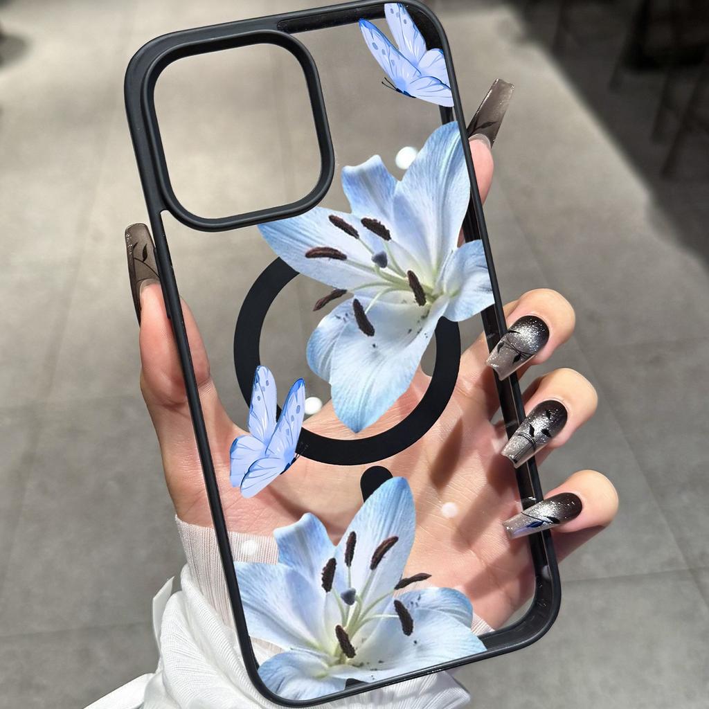 Phone Case For IPhone 17 16 15 14 13 12 Pro Max 17e Plus Air 16E 11 Blue Lily Butterfly Pattern Protective Cover Magnetic Funda