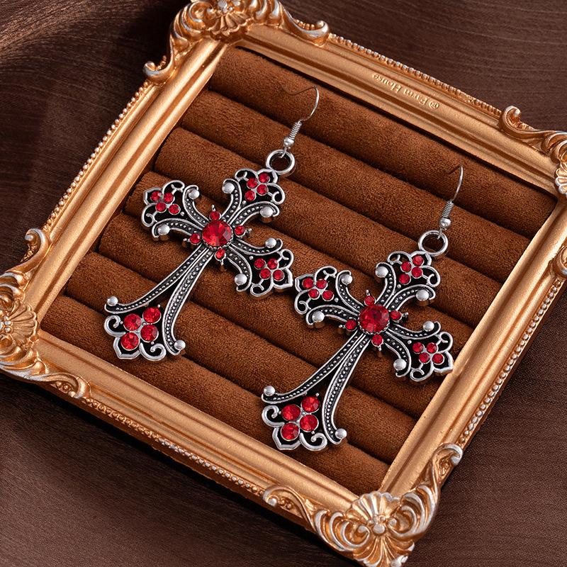 Vintage Baroque Rose Cross Earrings Women'S Hip Hop Versatile Earrings Premium Sense Flash Diamond Fashion Earrings