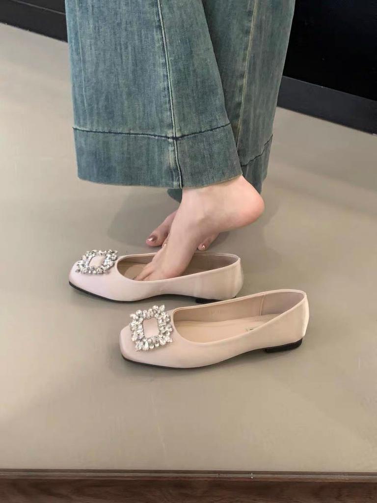 Satin Rhinestone Square Buckle Mary Jane Spring and Autumn Square Head Grandma Shoes Single Shoes Women's Flat Beanie Shoes Ladyshoes