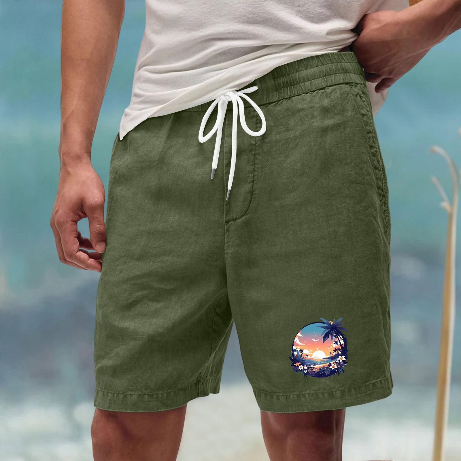 

Men’s Relaxed Fit Linen-Like Casual Drawstring Shorts with Hawaiian Beach Print Lightweight Breathable Athletic Shorts for Summer L