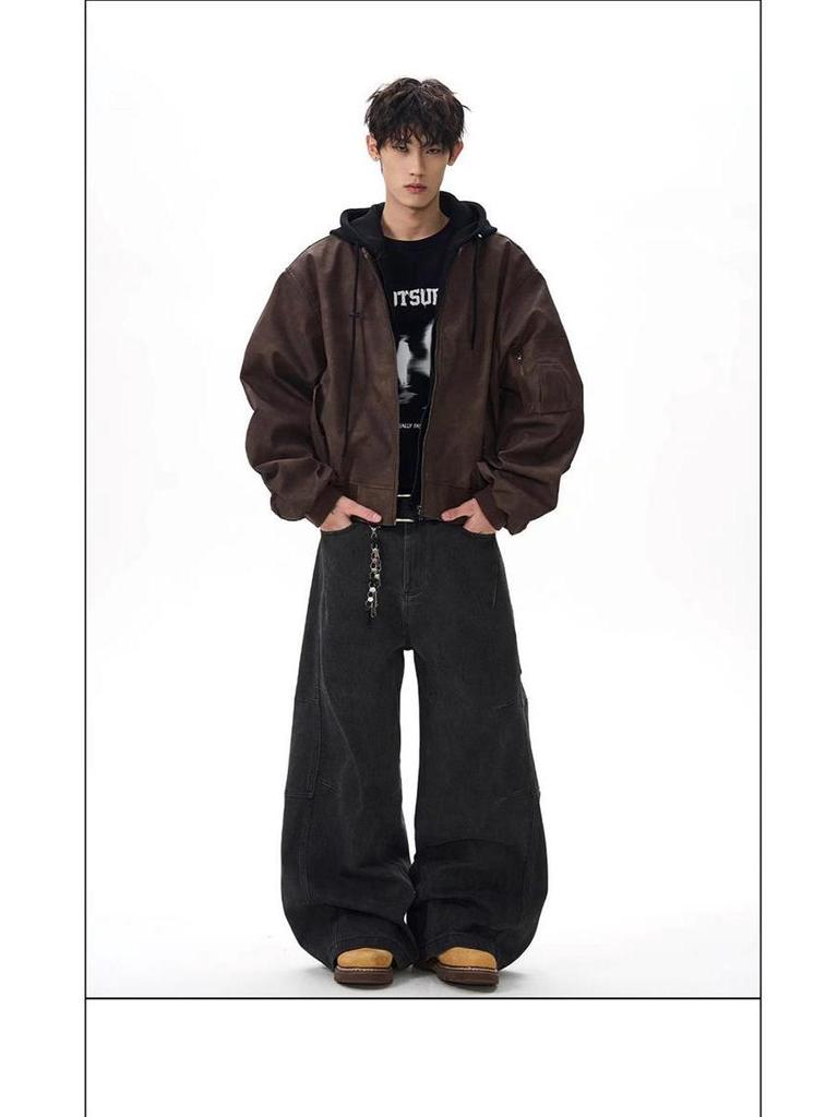 Herren Retro Zweiteilige Leder Fliegerjacke - Cleanfit Scheunenstil Locker Arbeitskleidung