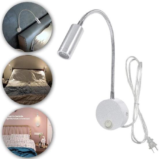 3W LED Bedside Reading Light Flexible Gooseneck Book Lamp Wall Mount Headboard Spotlight with Plug and On/off Switch for Working, Study, Art Display