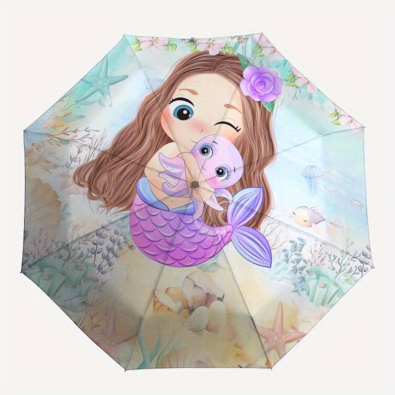Mermaid,Ocean Automatic Folding Umbrella  Simple 8 Rib Design, Bright Cartoon Pattern, Durable Iron Frame, Suitable For Travel, Outdoor, Bea