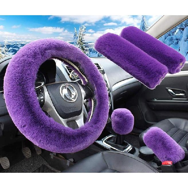 Pinbola 5Pcs In 1 Set Faux Wool Steering Wheel Cover Soft Fluffy Handbrake Cover & Gear Shift Cover & 2Pcs Seat Belt Shoulder Pads Warm Universal Fit
