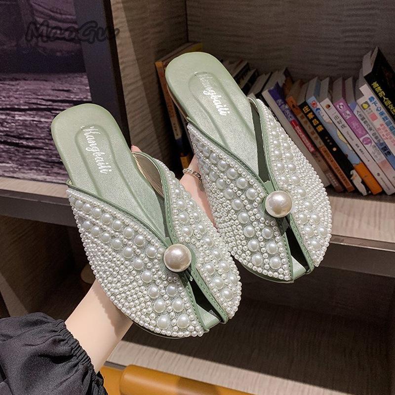 Fashion 2025 Women Summer Fashion Footwear Pearl Fairy Style Flat Soft Bottom Mules Slip On Cover Toe Slides Zapatos De Mujer Size36-40