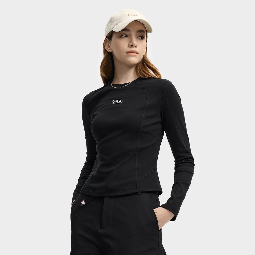 FILA Original Fashion Classic Versatile Elastic Slim Fit Knitted Long Sleeve T-Shirt Women Tops F11W549208FBK