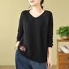 Retro Style V-Neck Patchwork Cotton Knit Sweater - Long Sleeve Loose Fit Pullover
