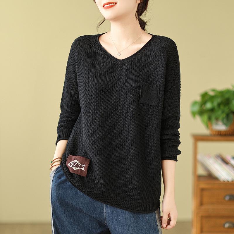 Retro Style V-Neck Patchwork Cotton Knit Sweater - Long Sleeve Loose Fit Pullover