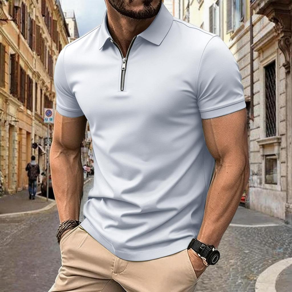 Herren Sommer Kurzarm Poloshirt mit Reißverschluss vorne Lässig Umlegekragen Leicht Atmungsaktives Oberteil