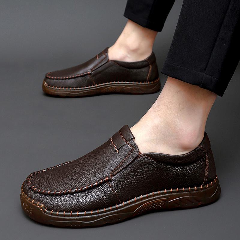 2025 Casual Leather Shoes Men's Soft Leather Large Size Foot Cover Hollowed Out and Breathable Summer Men's Leather Breathable and Comfortable
