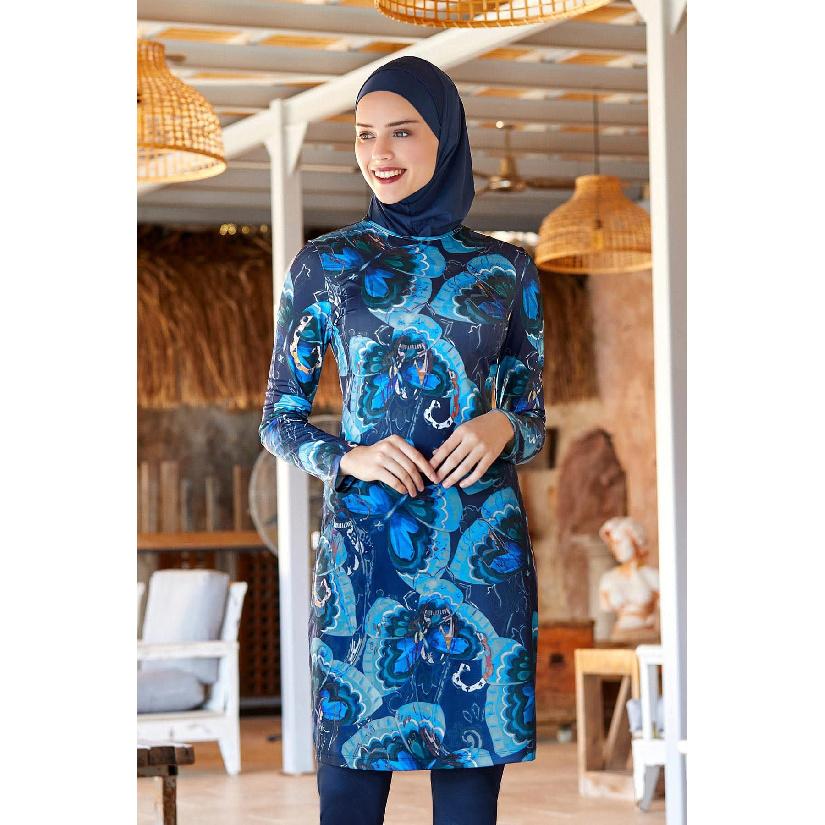 Costum de baie modest din 2 piese pentru femei musulmane, cu imprimeu albastru fluture cu frunze, costum de baie cu acoperire completă, set costum de baie pentru plajă, costum de baie burkini, multicolor