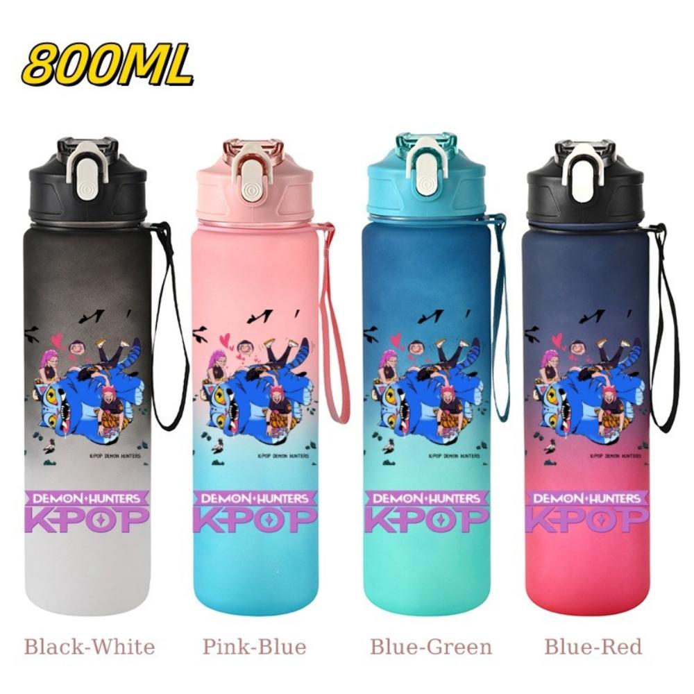 800ML KPop Demon Hunters Gradient Cartoon Print Large Capacity Straw Water Cup Outdoor Portable Sports Drink Bottles Travel Mug