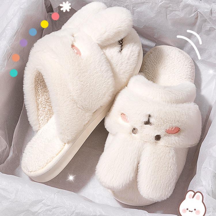 Women's Winter 2026 Cotton Plush Rabbit Fur Slippers - Indoor Home Style