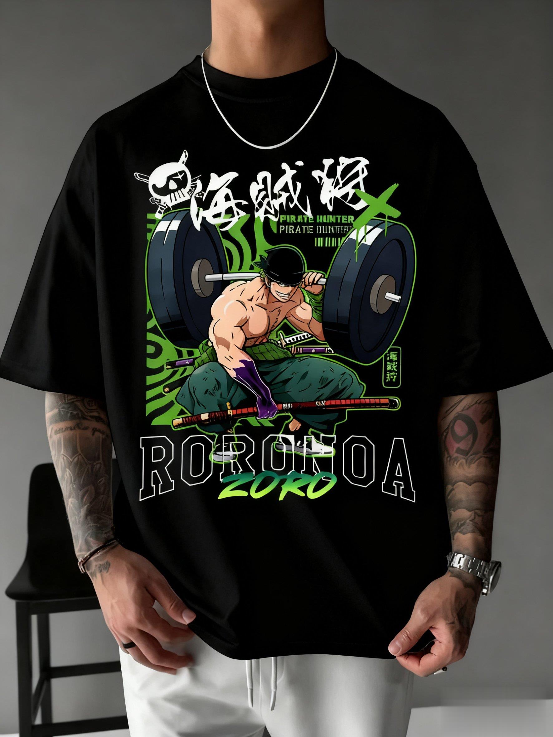 One Piece Zoro Anime Print T-Shirt Herren Damen Baumwolle Kurzarm Grafik-T-Shirt Sommer Mode Übergroß Lässig Fitnessstudio Oberteil Y2k Kleidung 4XL black