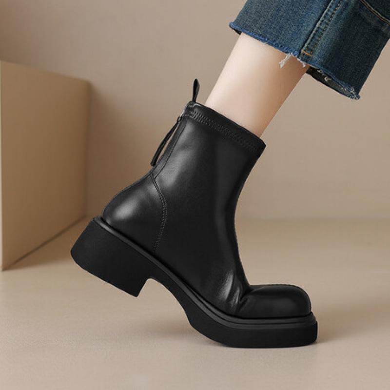 New medium heel large size women's boots rear zipper solid color autumn and winter platform Martin boots Korean version non-slip medium boots women