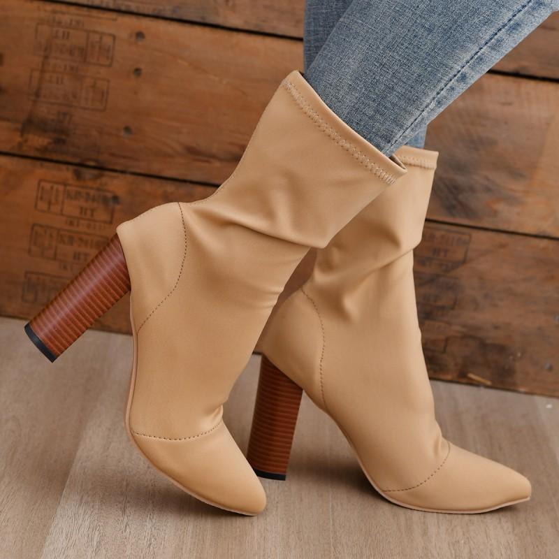Womens Winter Stretch High Heel Ankle Boots Pointed Toe Chunky Slip-On Mid-Calf Boot Plus Size