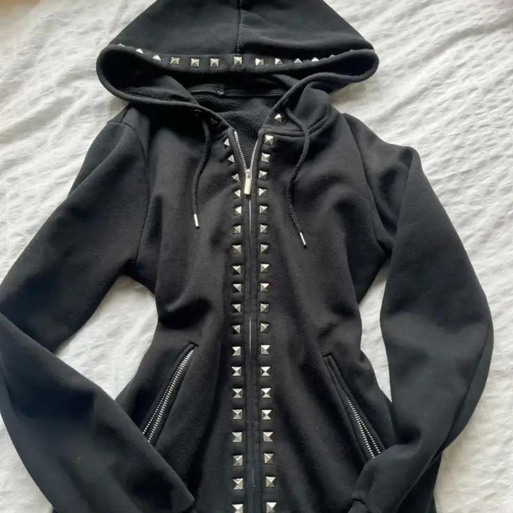 Damen Lässige Schwarze Kapuzenjacke Reißverschluss Oberteil Gerippter Strickkragen Langarm Herbst Winter Streetwear Y2K Stil Oberbekleidung