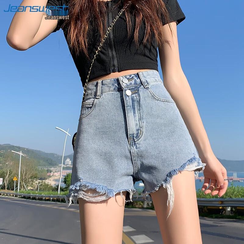 Jeanswest Women s Frayed High-Waist Denim Shorts L ретро синий