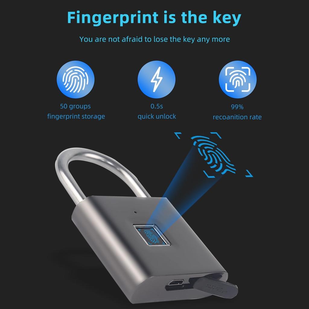 Keyless Portable USB Charging Fingerprint Lock,Smart Padlock Quick Unlock Waterproof and Rustproof,Smart Lock for Warehouses, Gym, Schools, Homes,