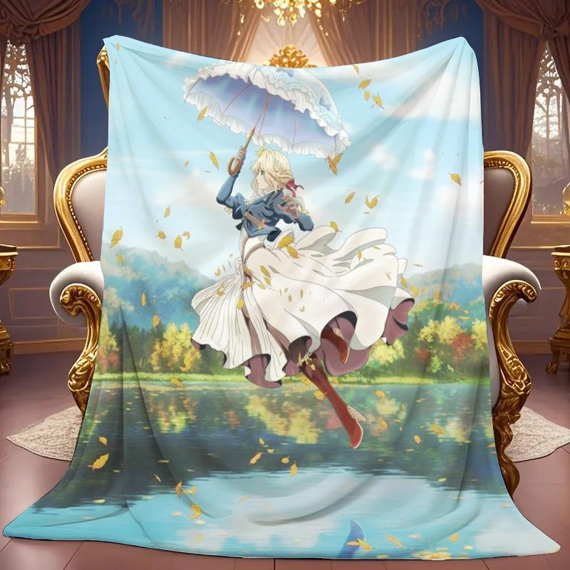 Violet Evergarden Anime Flannel Throw Blanket, Soft Blanket for Sofa Bed, Anime Girl Umbrella Landscape Print Home Decor