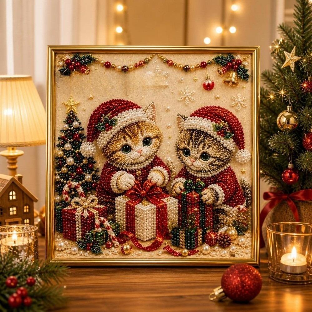 Handmade DIY Pearl Bead Art Kit Cartoon Cat Santa Crystal Painting Set Christmas Decor Winter
